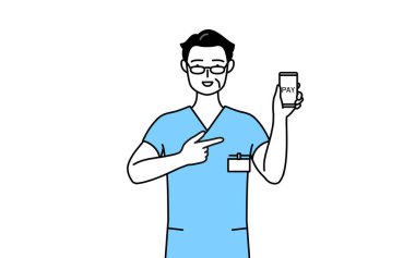 Orta yaşlı, kıdemli erkek hemşire, fizyoterapist, mesleki terapist, konuşma terapisti, üniformalı hemşire akıllı telefondan nakitsiz online ödeme öneriyor, Vector Illustration.