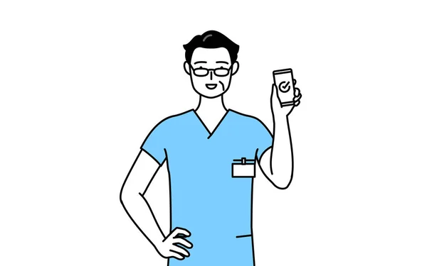 中年男性看護師 理学療法士 職業療法士 音声療法士 職場でのスマートフォンを使用した制服の看護アシスタント ベクトルイラスト — ストックベクタ