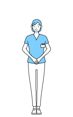 Orta yaşlı, kıdemli kadın hemşire, fizyoterapist, mesleki terapist, konuşma terapisti, üniformalı hemşire asistanı katlanmış elleriyle selam veriyor, Vector Illustration