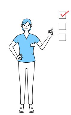 Orta yaşlı, kıdemli kadın hemşire, fizyoterapist, mesleki terapist, konuşma terapisti, üniformalı hemşire bir listeye işaret ediyor: