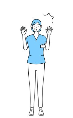 Orta yaşlı, kıdemli kadın hemşire, fizyoterapist, mesleki terapist, konuşma terapisti, üniformalı hemşire asistanı elini kaldırıyor.