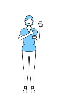Orta yaşlı, kıdemli kadın hemşire, fizyoterapist, mesleki terapist, konuşma terapisti, üniformalı hemşire akıllı telefondan parasız online ödeme öneriyor, Vector Illustration.