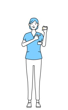 Orta yaşlı, kıdemli kadın hemşire, fizyoterapist, mesleki terapist, konuşma terapisti, üniformalı hemşire asistanı kredi kartı ödemesi, Vector Illustration