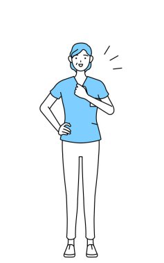 Orta yaşlı, kıdemli kadın hemşire, fizyoterapist, mesleki terapist, konuşma terapisti, üniformalı hemşire, göğsüne dokunan vektör ilüstrasyonu.