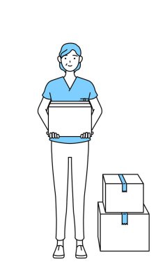 Orta yaşlı, kıdemli kadın hemşire, fizyoterapist, mesleki terapist, konuşma terapisti, karton kutu taşımaya çalışan üniformalı hemşire asistanı, Vektör İllüzyonu.