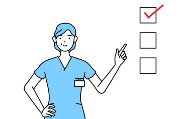 Orta yaşlı, kıdemli kadın hemşire, fizyoterapist, mesleki terapist, konuşma terapisti, üniformalı hemşire bir listeye işaret ediyor: