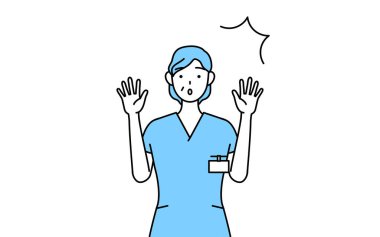 Orta yaşlı, kıdemli kadın hemşire, fizyoterapist, mesleki terapist, konuşma terapisti, üniformalı hemşire asistanı elini kaldırıyor.