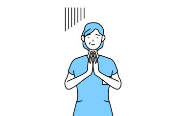 Orta yaşlı, kıdemli kadın hemşire, fizyoterapist, mesleki terapist, konuşma terapisti, üniformalı hemşire asistanı ellerini vücudunun önüne koyup özür diliyor.