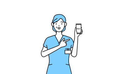 Orta yaşlı, kıdemli kadın hemşire, fizyoterapist, mesleki terapist, konuşma terapisti, üniformalı hemşire akıllı telefondan parasız online ödeme öneriyor, Vector Illustration.