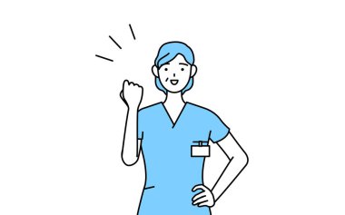 Orta yaşlı, kıdemli kadın hemşire, fizyoterapist, mesleki terapist, konuşma terapisti, üniformalı hemşire, cesaretle poz veren vektör ilüstrasyonu.