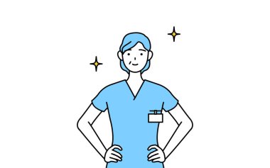 Orta yaşlı, kıdemli kadın hemşire, fizyoterapist, mesleki terapist, konuşma terapisti, elleri kalçasında hemşire asistanı, vektör ilüzyonu.