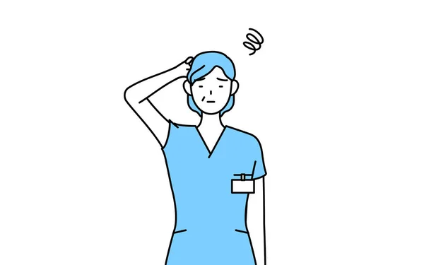 シニア女性看護師 理学療法士 職業療法士 言語療法士 苦痛で彼女の頭を引っ掻く制服の看護アシスタント ベクトルイラスト — ストックベクタ