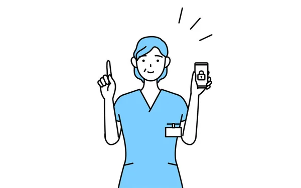 シニア女性看護師 理学療法士 職業療法士 言語療法士 彼女の携帯電話のためのセキュリティ対策を講じる制服の看護アシスタント ベクトルイラスト — ストックベクタ