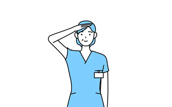 シニア女性看護師 理学療法士 職業療法士 言語療法士 制服の看護助手敬礼を作る ベクトルイラスト — ストックベクタ