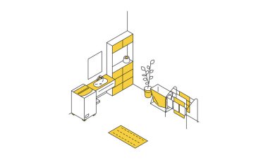 Kiralık bir oda bulun: Çamaşır odası, çamaşır makinesi ve basit izometrik, Vektör İllüstrasyonu