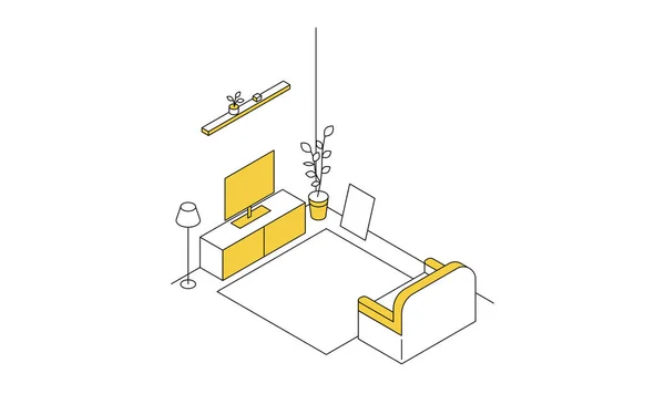 家賃のための部屋を見つける リビングルーム テレビ ソファのシンプルな等価性 ベクトルイラスト — ストックベクタ