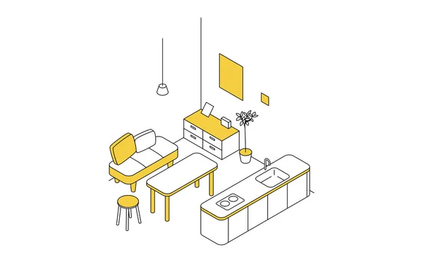 Ruang Untuk Disewakan Ruang Makan Isometrik Sederhana Dengan Dapur Pulau - Stok Vektor