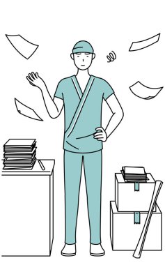Düzensiz işinden bıkmış hastane önlüklü bir erkek hasta, Vector Illustration