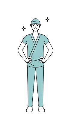 Erkek hasta hastane önlüğü giymiş, elleri kalçasında, Vector Illustration