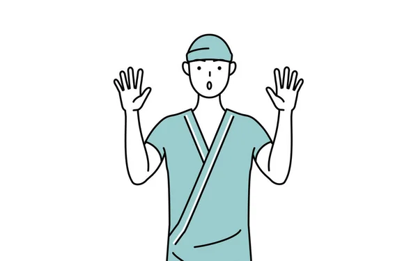 Мужчина Госпитализированный Пациент Больничном Халате Удивлением Поднимает Руку Векторная Иллюстрация — стоковый вектор