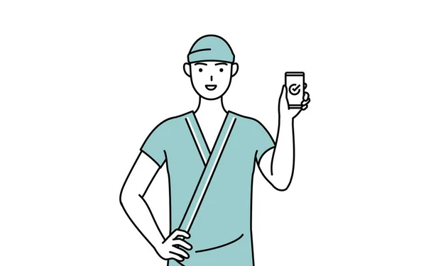 Paciente Masculino Ingresado Bata Hospital Usando Teléfono Inteligente Trabajo Vector — Archivo Imágenes Vectoriales