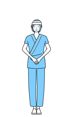 Hastane önlüğü ve sargı bezi giymiş, elleri bağlı kadın hasta, Vektör İllüzyonu