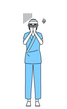 Hastane önlüğü giyen ve başını depresyona sokan kadın hasta, Vector Illustration