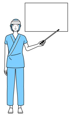 Hastane önlüğü ve bandajlı kadın hasta bir gösterge çubuğuyla beyaz tahtayı işaret ediyor, Vector Illustration