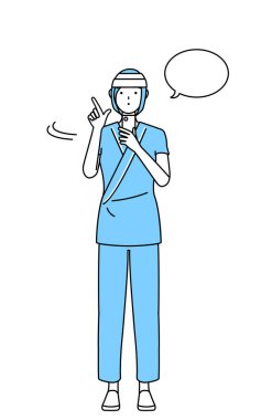 Kafasında hastane önlüğü ve bandajı olan kadın hasta akıllı telefon kullanıyor, Vector Illustration.