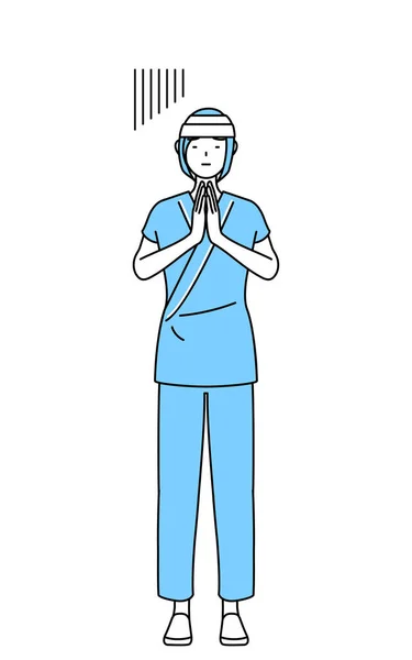 女性住院病人身穿医院长袍 头戴绷带 双手放在身前致歉 — 图库矢量图片