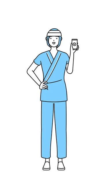 仕事中のスマートフォンで頭に病院のガウンや包帯を着ている女性 ベクトルイラスト — ストックベクタ