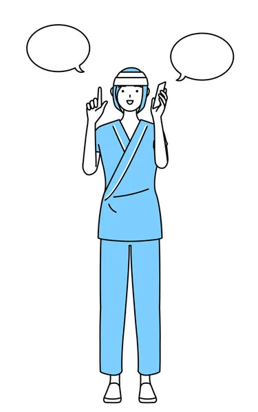 Stationäre Patientin Krankenhauskittel Und Kopfverband Während Sie Telefon Zeigt Vector — Stockvektor
