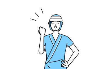 Hastane önlüğü ve bandajlı kadın hasta bağırsaklarıyla poz veriyor, Vector Illustration