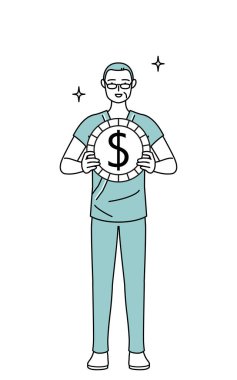 Orta yaşlı ve son sınıf öğrencisi hastane önlüklü hasta yabancı döviz ve dolar takdiriyle hastaneye yatırıldı. Vector Illustration