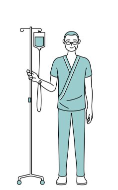 Orta yaşlı ve yaşlı erkek hastane önlüklü hasta kabul edildi. Koltuğunda Vector Illustration var.