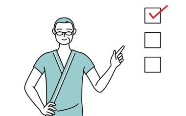 Orta yaşlı ve son sınıf öğrencisi hastane önlüklü hasta, Vector Illustration adlı bir listeye işaret ediyor.