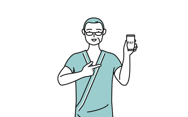 スマートフォンでのオンライン決済をお勧めします病院のガウンを着た中年男性と高齢者の入院患者 ベクトルイラスト — ストックベクタ