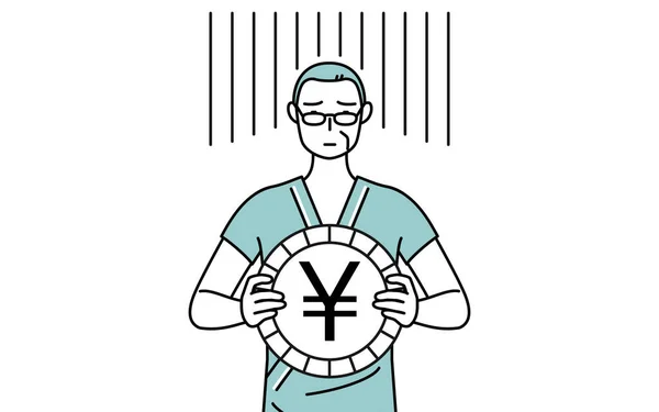 中老年男性住院患者穿着医院长袍 一副汇率损失或日元贬值的形象 — 图库矢量图片