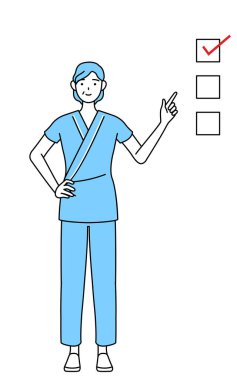 Orta yaşlı ve son sınıf öğrencisi hastane önlüklü hasta, Vector Illustration adlı bir listeye işaret ediyor.