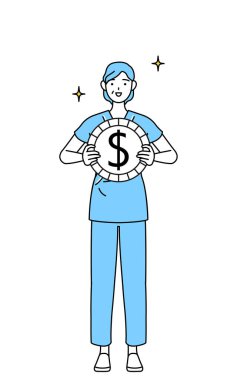 Orta yaşlı ve yaşlı kadın hastane önlüklü hastaya yabancı döviz ve dolar takdiriyle ilgili görüntüler ve Vector Illustration