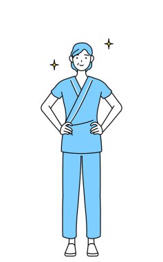 Orta yaşlı ve yaşlı kadın, elleri kalçasında hastane önlüklü hasta kabul etti.