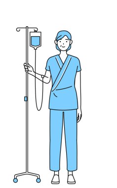 Orta yaşlı ve yaşlı kadın hastane önlüklü hasta kabul edildi. Koltuğunda Vector Illustration var.