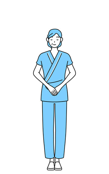 Женщина среднего возраста и пожилая женщина в больничном халате, кланяющаяся со сложенными руками, векторная иллюстрация