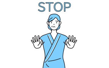Orta yaşlı ve son sınıf öğrencisi hastane önlüklü bir kadın ellerini vücudunun önüne uzatarak bir dur işareti veriyor, Vector Illustration