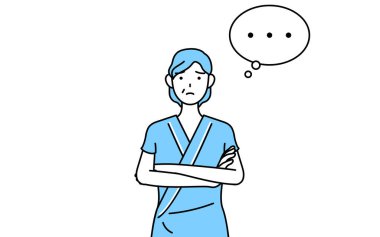 Orta yaşlı ve yaşlı kadın hastane önlüklü, kolları çaprazlanmış, derin düşüncelere dalmış, Vector Illustration