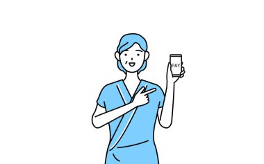 Orta yaşlı ve son sınıf öğrencisi hastane önlüklü hasta akıllı bir telefon olan Vector Illustration 'da parasız online ödeme öneriyor.