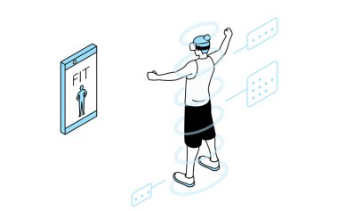 Yapay zeka ölçüm aletleri, VR gözlük takılı VR fitness uygulaması, Vector Illustration