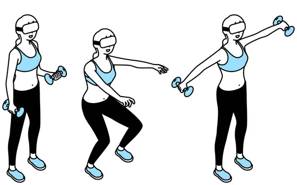 Fitness Mulher Treinando Com Óculos Realidade Virtual Conjuntos Ilustração Vetorial — Vetor de Stock