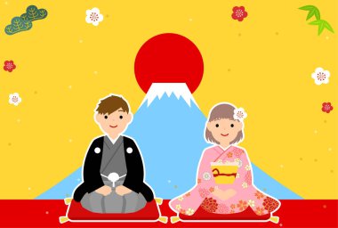 2024 yılbaşı kartı, kimonolu kız ve erkek yeni yılı selamlıyor, Mt. - Çevirisi: Mutlu yıllar, bu yıl tekrar teşekkürler..