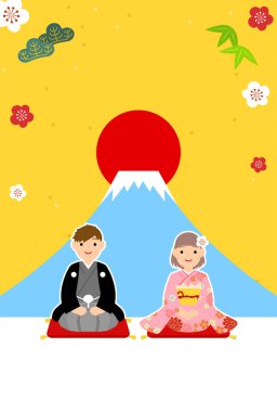 2024 yılbaşı kartı, kimonolu kız ve erkek yeni yılı selamlıyor, Mt. - Çevirisi: Mutlu yıllar, bu yıl tekrar teşekkürler..